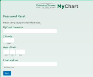 Forgot password of UVM Patient Portal