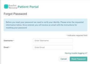 Forgot password of Beaufort Memorial Patient Portal