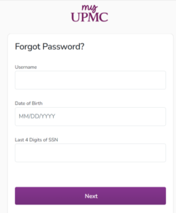 Forgot password of UPMC Patient Portal
