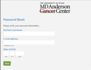 Forgot password of MD Anderson Patient Portal